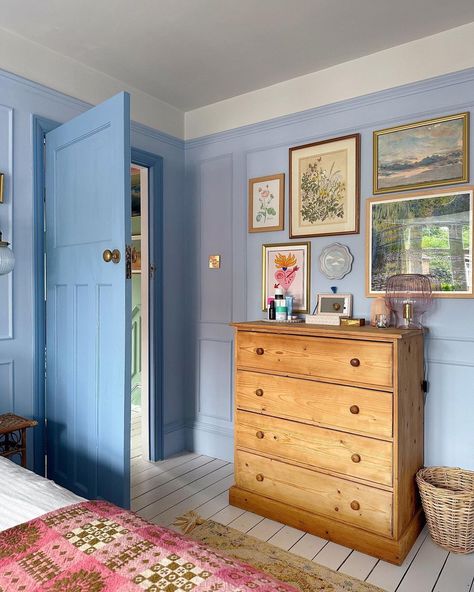 Painting In Room Bedrooms, Periwinkle Accent Wall, Light Blue Cottage Bedroom, Blue Walls Bedroom Decor, Eclectic Blue Bedroom, Eclectic French Country Bedroom, Periwinkle Blue Bedroom, Medium Blue Bedroom, Room Inspo Blue Walls