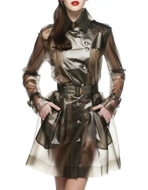 Smokey grey transparent vinyl coat with epaulettes and belt.. DIY the look yourself: http://mjtrends.com/pins.php?name=smokey-grey-vinyl-for-coat Designer Raincoats, Clear Raincoat, Plastic Raincoat, Pvc Raincoat, White Ash, Raincoats For Women, Ventilation System, Sleeve Cuff, Looks Style