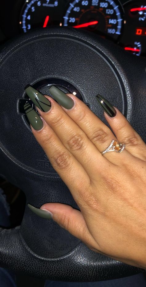 Black And Army Green Nails, Olive Green Gel Nails, Hunter Green Nails Acrylic, Army Green Nails, Olive Nails, Concert Nails, Dark Green Nails, Wedding Nails Glitter, Black Acrylic Nails