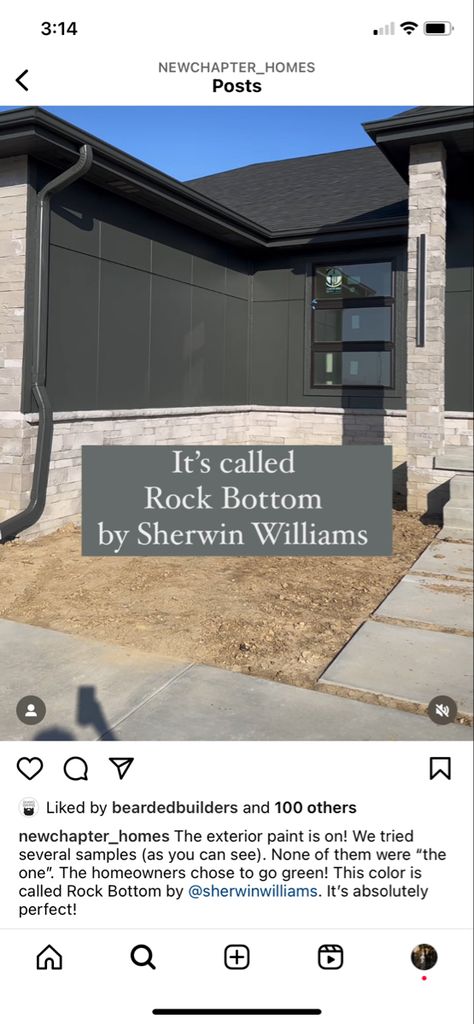 Dark Stucco Exterior House Modern, Rock Bottom Sherwin Williams Cabinets, Sw Rock Bottom Exterior, Sherwin Williams Rock Bottom Exterior, Sw Rock Bottom Paint, Rock Bottom Sherwin Williams Exterior, Black House Landscaping, Rock Bottom Sherwin Williams, Moody Exterior House Colors