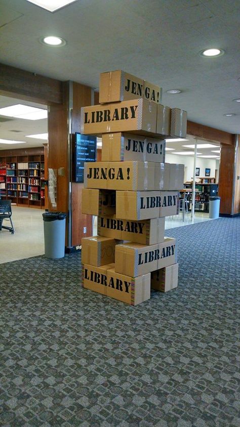 highgiantjenga Passive Programming Library Adults, High School Library Decorating Ideas, High School Library Design, Library Stations, Passive Programming, Makerspace Library, Library Games, School Library Displays, Teen Library