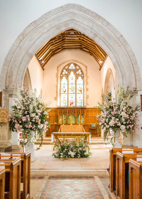 A Soft Pink Spring Wedding at Hedsor House – All For Love London Chapel Flowers Wedding Aisle Decorations, Chapel Wedding Florals, Decorating Church For Wedding, Alter Decoration Church, Church Wedding Flowers Altar Catholic, Chapel Wedding Decor, Church Flowers Wedding, Church Ceremony Decorations, Church Altar Design Ideas