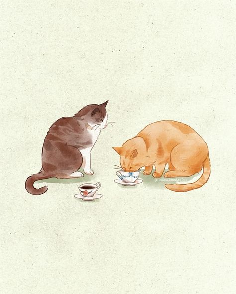 I just finished this digital watercolor of two little cats enjoying a tea time together! ☕🐾 I've been drinking tea a lot now that the… | Instagram Tea Art Illustration, Cat Drinking Tea, Apartment Paintings, Tea Background, Sticker Sleeve, Watercolor Cats, Beginner Artist, Apartment Painting, Cutie Cat