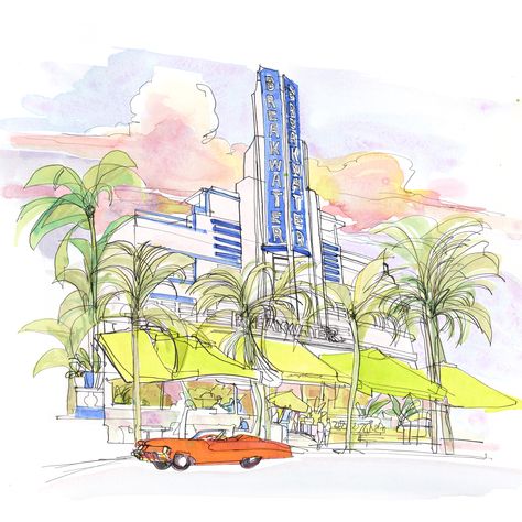 Veronica Lawlor, Ink And Watercolor, Miami Art, Photography Illustration, Iconic Landmarks, Travel Journal, Line Drawing, Art Materials, Pen And Ink