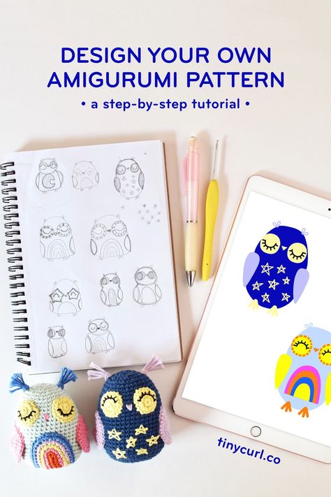 Learn how to design your own amigurumi crochet pattern with this step-by-step tutorial. I’ll take you through my entire pattern design process from inspiration to finished product! #crochettutorial #crochet #amigurumi Tiny Curls, Owl Crochet Patterns, Easy Crochet Stitches, Crochet Abbreviations, Crochet Amigurumi Free Patterns, Manta Crochet, Owl Patterns, Crochet Animal Patterns, Crochet Motifs