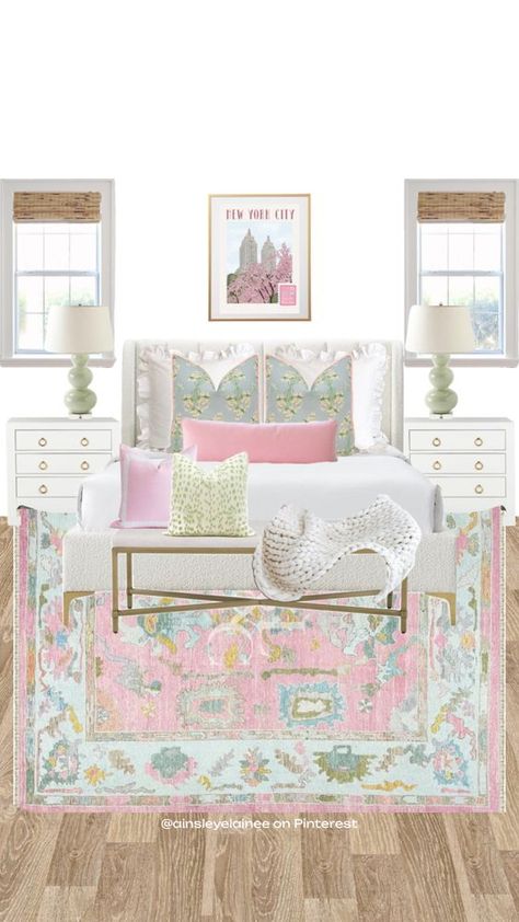 Check out ainsleyelainee's Shuffles @ainsleyelainee Coastal Millenial Bedroom, Pink Coastal Bedroom Ideas, Preppy College Bedroom, Light Pink And Green Room, Southern Bedroom Aesthetic, Funky Dorm Room Ideas, Soft Pastel Room Aesthetic, Laura Park Bedroom, Grand Millennial Bedroom