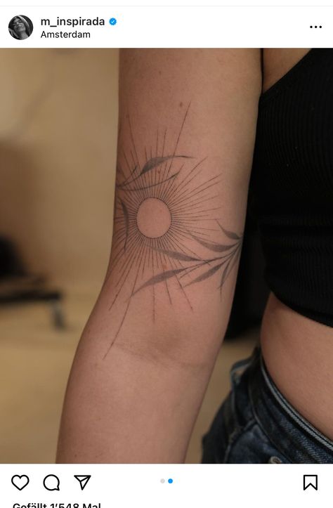 Flowers With Sun Tattoo, Feminine Back Of Arm Tattoo, Sun On Arm Tattoo, Sun Shoulder Cap Tattoo, Sun Arm Tattoos For Women, Sunset Back Tattoo, Ornamental Tattoo Design Sleeve, Sun Lotus Tattoo, Delicate Arm Band Tattoo