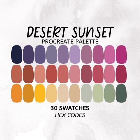 Introducing "Desert Sunset" Procreate Color Palette! Elevate your digital artistry with the warm hues of Desert Sunset! This meticulously curated palette of 30 swatches captures the vibrant essence of the desert, offering a versatile range of colors and combinations to inspire your creative endeavors. WHAT'S INCLUDED: 1 .swatches file: Easily importable into Procreate for instant access to the Desert Sunset color palette. 1 .pdf file with hex codes: Delve deeper into the palette with our bonus P Procreate Color Palettes, Desert Color Scheme, Color Palette Desert, Desert Palette, Desert Dreams Color Palette, Bright Desert Color Palette, Sunrise Colors Palette, Dessert Sunset Color Palette, Warm Tone Color Palette