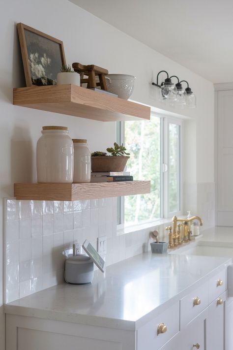 Open Oak Shelves Kitchen, White Kitchen With Wooden Shelves, Scullery Floating Shelves, White Kitchen Floating Wood Shelves, Backsplash Kitchen Shelves, Quartz Backsplash With Floating Shelves, Plates On Open Shelves, Kitchen Floating Shelves Oak, Short Floating Shelves Kitchen