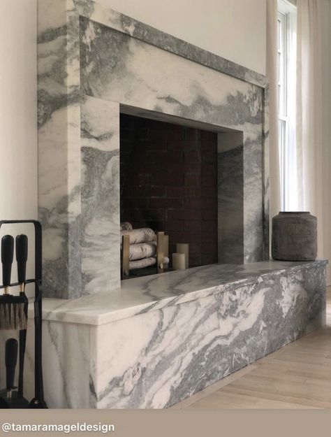 Tamara Magel, Marble Fireplace Surround, Living Tv, Fireplace Remodel, Home Fireplace, Fireplace Makeover, Modern Fireplace, Marble Fireplaces, Brick Fireplace