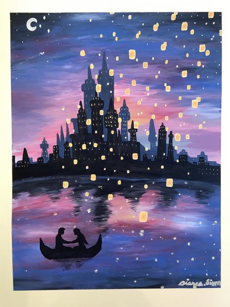 #tangled #disney #paiting #acrylic #acrylicpainting #mural #wallart #art #princess #lanterns #room #castle Tangled Castle With Lanterns, Rapunzel Castle Painting, Painting Of Castle, Disney Artwork Paint, Tangled Castle Painting, Cute Paintings Disney, Disney Theme Painting, Tangled Castle Drawing, Tangled Acrylic Painting