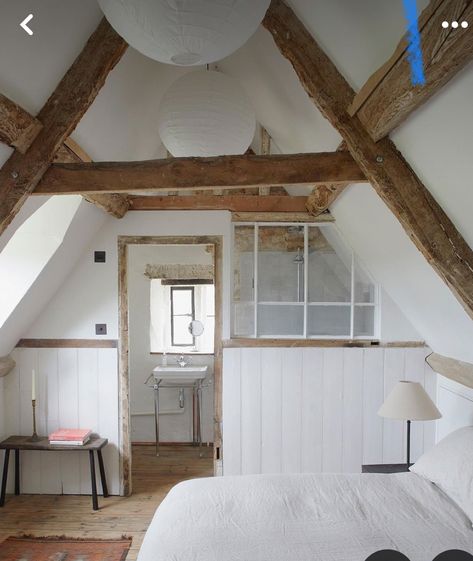 Bedrooms In The Eaves, Attic Beams, Bedroom Over Garage, Attic Beds, Dormer Bedroom, Barn Bedroom, Barn Bedrooms, Cottage Loft, Cotswold Cottage