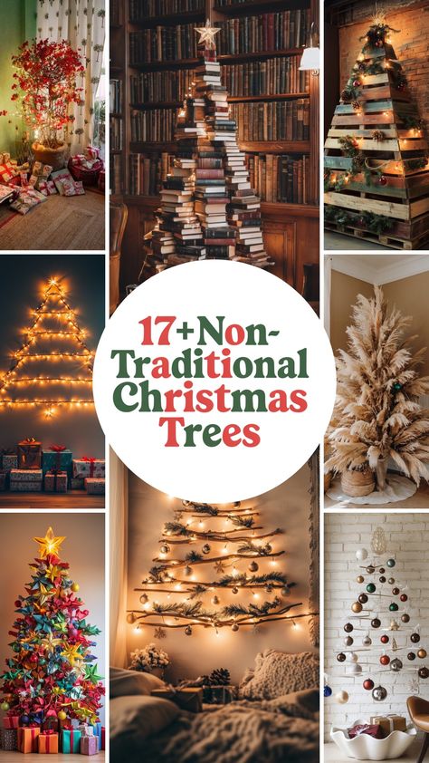 A vibrant collage of six eclectic and non-traditional Christmas trees, ranging from floral and book stack designs to rustic and illuminated options, perfect for those seeking unique holiday decor. Christmas Tree Ideas No Tree, Display Christmas Tree, Non Traditional Christmas Tree Ideas, Different Types Of Christmas Trees, 4 Foot Christmas Tree Ideas, Flat Back Christmas Tree, Non Traditional Christmas Tree, Eclectic Christmas Tree, Eclectic Christmas Trees