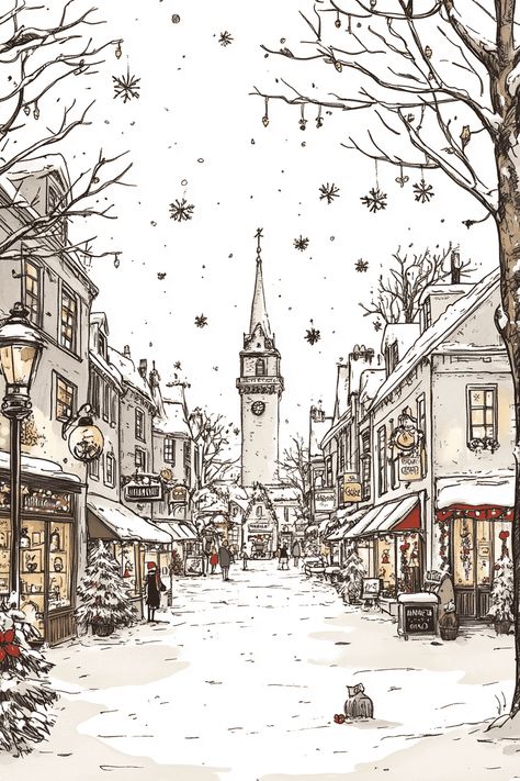 Christmas Winter Scenes Cozy Winter Drawings, December Drawings Ideas, Christmas Houses Drawings, Christmas Art Sketches, Winter Drawing Aesthetic, Christmas Aesthetic Illustration, Snowy Drawing, Winter Aesthetic Drawing, Aesthetic Christmas Drawings