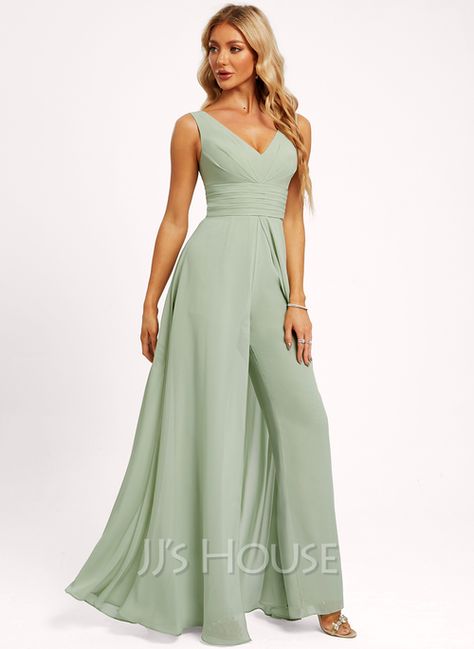 Jumpsuit/Pantsuit V-Neck Floor-Length Chiffon Bridesmaid Dress With Ruffle (007288312) - JJ's House Bridesmaid Pantsuit, Bridesmaid Jumpsuit, Bridesmaids Jumpsuits, Floor Length Chiffon Bridesmaid Dresses, Wedding Jumpsuit, Chiffon Bridesmaid Dress, Floor Length Dresses, Chiffon Bridesmaid, Custom Dresses