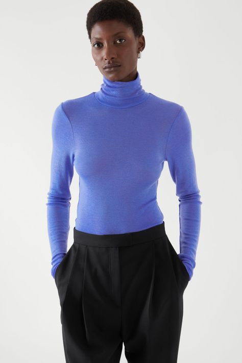 SLIM-FIT POLO NECK TOP - COBALT BLUE - Tops - COS Cobalt Blue Top, Modern Style Design, Fitted Turtleneck, Slim Fit Polo, Cut Sweatshirts, The Sheep, Turtleneck Top, Wool Turtleneck, Polo Neck