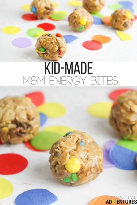 Super-simple, no-bake M&M Energy Bites that kids can help make Classroom Recipes, Preschool Cooking, Baking Recipes For Kids, Kid Chef, Energy Bites Recipes, Kids Cooking Recipes, Kids Cooking, Cooking Classes For Kids, Fun Recipes