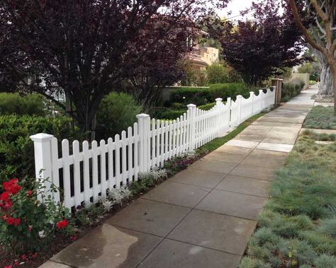 Vinyl Picket Fence Front Yards, Vinyl Picket Fence Ideas, Picket Fences Ideas, Picket Fence Ideas Front Yard, White Picket Fence Front Yard, Front Yard Fence Ideas Curb Appeal, Colonial Fence, Exterior Fence, Wooden Picket Fence