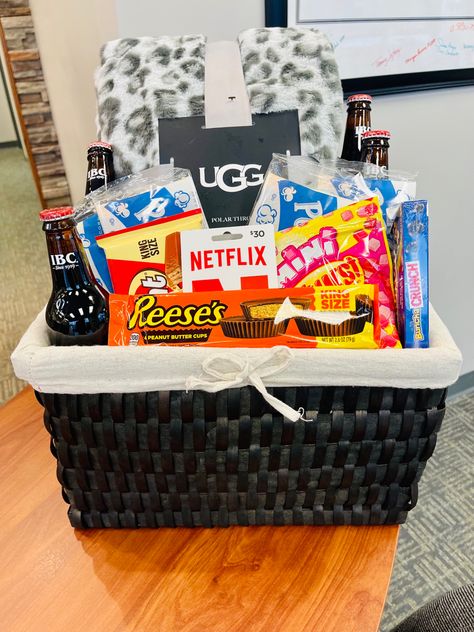 Movie Christmas Basket, Winning Gift Basket Ideas, Gift Basket Ideas Auction, Movie Night Silent Auction Basket, Banquet Basket Ideas, Movie Night Themed Gift Baskets, Movie Night Auction Basket, Movie Basket Raffle Ideas, Date Night Themed Gift Baskets