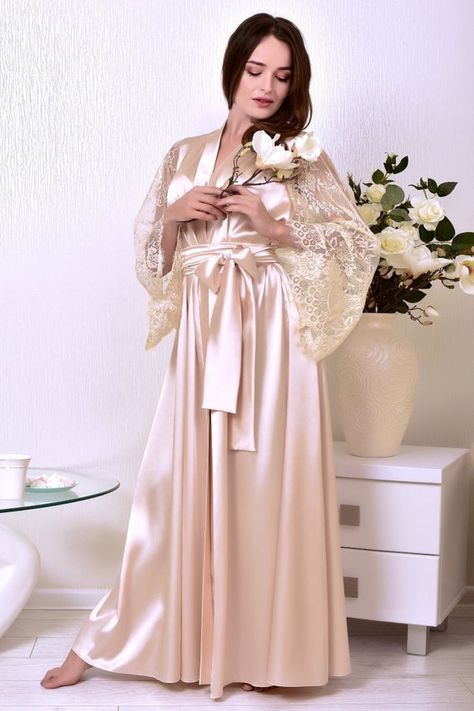 Long lace beige bridal robe Wedding long kimono robe Bridal image 3 Long Bridal Robe, Bridal Dressing Gown, Lingerie Design, Lace Bridal Robe, Wedding Kimono, Satin Kimono, Silk Lingerie, Nightgowns For Women, Maxi Robes