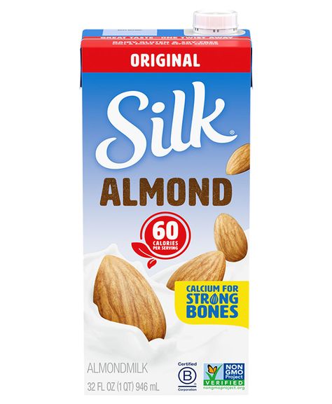 Shelf-Stable Original Almondmilk Silk Almond Milk, Dairy Drinks, Strong Bones, Unsweetened Almond Milk, Fine Food, Soy Free, Healthy Treats, Non Gmo, Almond Milk