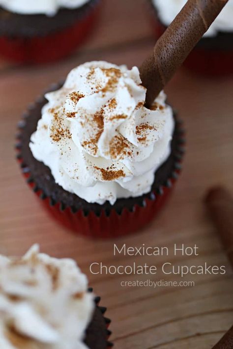 Mexican Hot Chocolate Cupcakes, Creamy Hot Chocolate Recipe, Stabilized Whipped Cream Frosting, Hot Chocolate Cupcakes, Mexican Pastries, Gourmet Hot Chocolate, Cake Portions, Crockpot Hot Chocolate, Microwave Cake