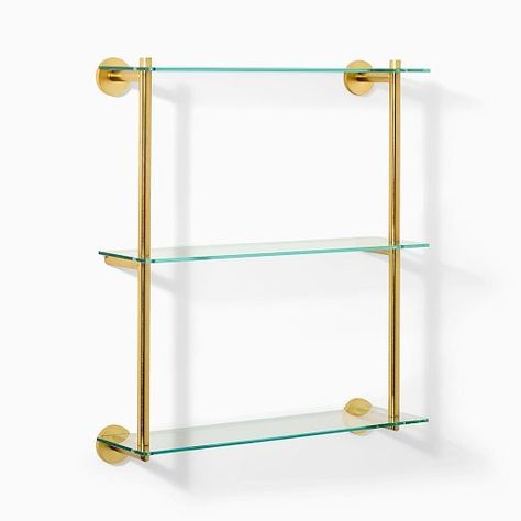 Wall Shelves | West Elm Modern Overhang, West Elm Bathroom, Glass Bathroom Shelves, Glass Shelves In Bathroom, Brass Shelves, Glass Wall Shelves, Modern Wall Shelf, Window Shelves, Bathroom Wall Shelves