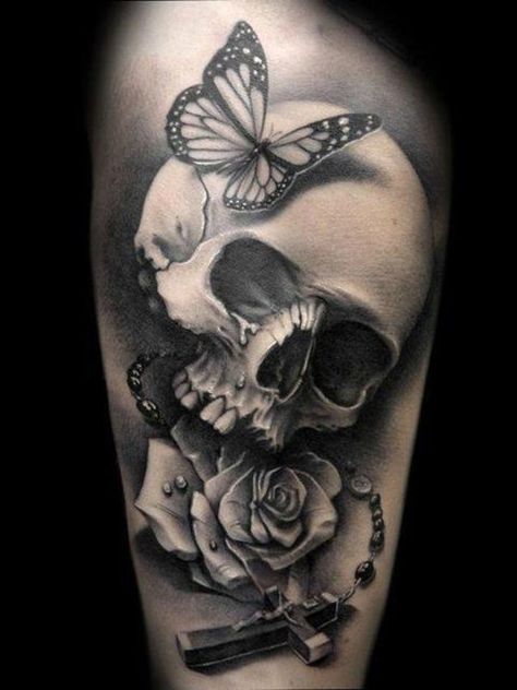 52 skull tattoo Tattoo Planets, Spain Tattoo, Skull Thigh Tattoos, Rose Rosary, Skull Tattoo Designs, Skull Butterfly, Skull Sleeve Tattoos, Skull Sleeve, Demon Tattoo