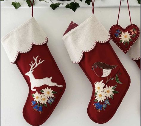 Embroidered Christmas Stocking, Traditional Christmas Stockings, Embroidered Stockings, Robin Christmas, Wool Stockings, Red Christmas Stockings, Christmas Robin, Vintage Christmas Stockings, House Vibes