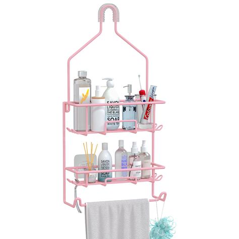 PRICES MAY VARY. COLOR: pink PACKAGE INCLUDED: 1* pink shower caddy, 1 U shape anti-slip hook, 2*adhesive sticks DIMENSION: 11.8*4.1*24.8" ALL IN ONE SHOWER CADDY- TreeLen hanging shower caddy combines 1 deep shower basket, 1 shower shelf, 10 hooks and 1 towel bar together. Keep everything you need to shower handy in one convenient place-easy to find needed bath essentials. Maximize your bathroom shower stalls or bathtub with this shower caddy over shower head CUTE DECO: Unique pink design, perf Bathroom Shower Stalls, Pink Bathroom Accessories, Bath Caddies, Pink Bathroom Decor, Shower Rack, Pink Showers, Shower Shelf, Shower Basket, Bath Essentials