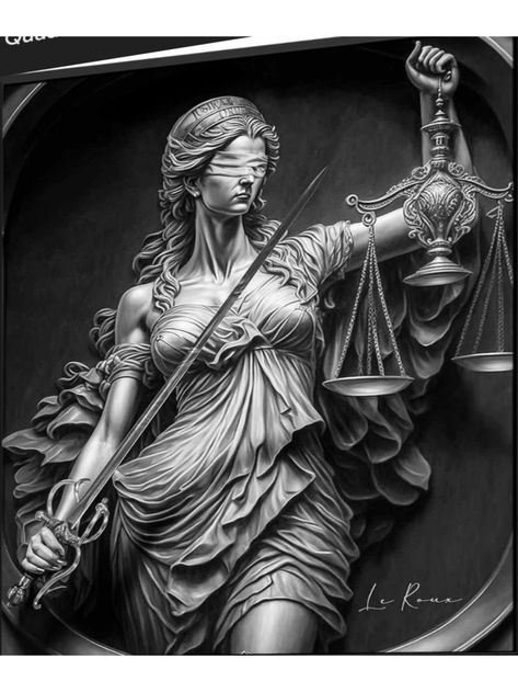 Angel Of Justice Tattoo, Themis Tattoo, Cool Statues, Nemesis Tattoo, Lady Justice Statue, Justice Tattoo, Leg Sleeve Tattoos, Justice Statue, Leg Tattoo Ideas