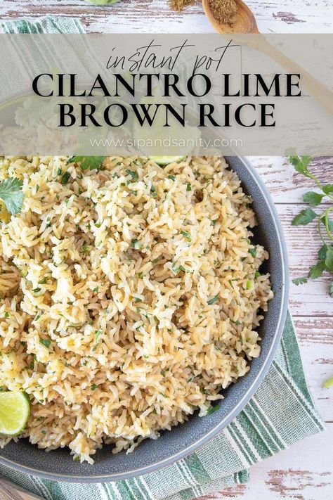 This Instant Pot Cilantro Lime Brown Rice is made with heart healthy ingredients, but doesn’t skimp on flavor. This quick and easy side dish is versatile and delicious! The texture of brown basmati is perfect for turning into that crowd favorite cilantro lime rice. The result is a fluffy and flavorful side dish with an undercurrent of lime that lingers. Cilantro Lime Brown Rice Instant Pot, Brown Cilantro Lime Rice, Lime Brown Rice, Basmati Brown Rice, Rice In The Instant Pot, Cilantro Lime Brown Rice, Oven Roasted Turkey, Lime Rice, Cilantro Lime Rice