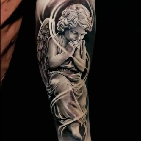 Religious Tattoo Sleeves, Angel Sleeve Tattoo, Guardian Angel Tattoo Designs, Baby Angel Tattoo, Arm Tattoos For Guys Forearm, Guardian Angel Tattoo, Cherub Tattoo, Realistic Tattoo Sleeve, Music Tattoo Designs