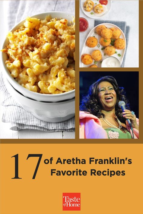 It's said that the only thing Aretha Franklin loved as much as soul music is soul food. Soul Macaroni And Cheese, Aretha Franklin Art, Respect Aretha Franklin, Creamy Mac And Cheese Recipe, Weird Recipes, Recipes Meatloaf, Aretha Franklin Black And White, Aretha Franklin Album Covers, Best Mac N Cheese Recipe