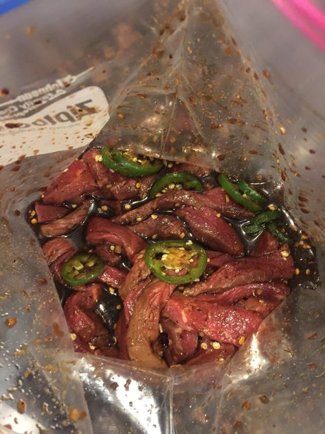 Sweet And Spicy Jerky Recipe, Elk Jerky Recipe, Smoked Beef Jerky Recipe, Jerky Marinade Recipes, Beef Jerky Recipe Dehydrator, Beef Jerky Marinade, Jerky Recipes Dehydrator, Spicy Beef Jerky, Deer Jerky Recipe