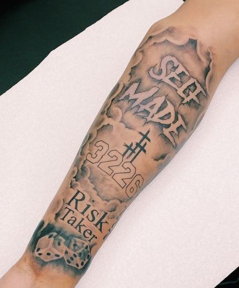 Forearm Tattoo Men Meaningful, Selfmade Tattoos For Men, Rare Breed Tattoo For Men, Mississippi Tattoo For Men, Risk Taker Tattoo Men, Beat The Odds Tattoo Men, Hood Tattoo For Men Forearm, Out Of Sight Out Of Mind Tattoo, Dreamchasers Tattoo