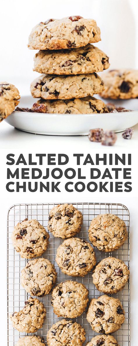 Tahini Medjool Date Chunk Cookies. Crunchy outside, sweet/salty and soft-baked inside, these oatmeal cookies just might be better than chocolate chip! #sponsored #vegan #glutenfree #healthy #easyrecipe #dessert #snack #cookies #plantbased #dairyfree #eggfree Vegan Oatmeal Date Cookies, Tahini Date Cookies, Tahini Cookies Recipe, Glutenfree Cookies, Healthy Vegan Dessert, Healthy Vegan Cookies, Feasting On Fruit, Cheesecake Vegan, Date Cookies