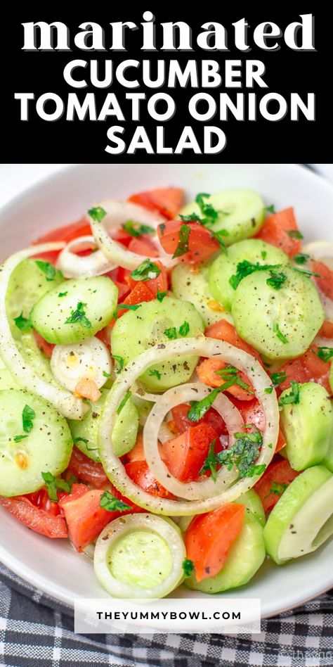 marinated cucumber, tomato, onion salad in a bowl. Cucumber Tomato And Onion Salad, Cucumber Tomato Onion Salad, Tomato Onion Salad, Tomato And Onion Salad, Marinated Cucumbers, Marinated Tomatoes, Tomato Salad Recipes, Fresh Salad Recipes, Onion Salad