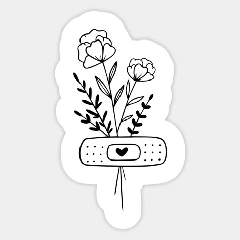 Bandage Flower Tattoo, Band Aid Flower Tattoo, Bandage Tattoo Design, Bandage Drawing, Bandage Tattoo, Hydrangea Flower Arrangement, Flower Border Design, Sticker Drawing, Matching Friend Tattoos