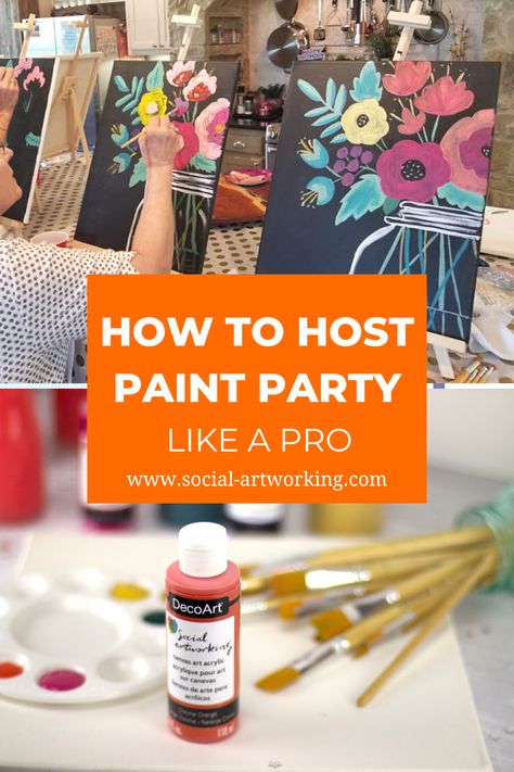 The best tips, tricks and ideas for throwing a fantastic paint party. A Social Artworking party is the perfect way to throw a get together that is unique, fun and memorable. Don't be scared! Our program makes it so easy. Every design has step by step instructions and all the supplies needed to design like a pro. #paintparty Paint Party Business, Paint Party Ideas For Adults, Canvas Painting Party, Social Artworking, Paint Program, Planning Guide, Paint Party, Tips Tricks, For Your Party