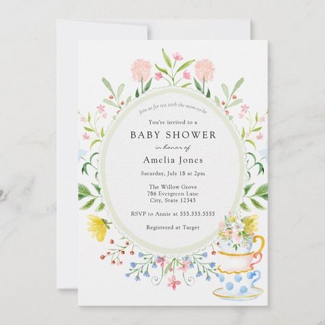 Time for Tea Baby Shower Wildflower Invitation  Zazzle Bridal Shower Wildflower, Baby Shower Wildflower, Tea Bridal Shower, Watercolor Tea, Tea Bridal Shower Invitations, Wildflower Invitation, Whimsical Baby Shower, Par Tea, Baby Tea