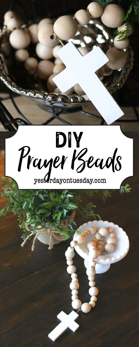 DIY Prayer Beads: How to make your own modern farmhouse style prayer beads. An easy and beautiful fixer upper style decorating detail. fixer upper | modern farmhouse | decor | prayer beads Prayer Beads Diy, Stone Art Diy, Wood Beads Diy, Blessing Beads, Catholic Decor, Wooden Bead Garland, Fixer Upper Style, Diy Cross, Diy Farmhouse Decor