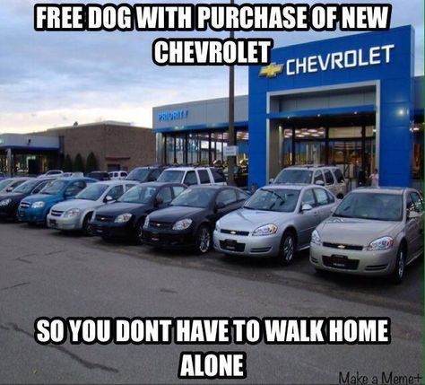 IMAGINE THAT!!! A free dog with purchase of a new Chevrolet... so you don't have to walk alone!!  LOL Chevy Memes, Ford Humor, Chevy Vs Ford, Chevy Jokes, Fred Dibnah, Ford Memes, Ford Jokes, Trucking Humor, Truck Memes