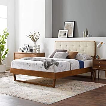 Modway Bridgette Wood Queen Platform Bed in Walnut Beige with Angular Frame Bed Inspired, King Platform Bed Frame, Twin Platform Bed Frame, Queen Platform Bed Frame, Tufted Platform Bed, Twin Size Bed Frame, Wood Platform Bed Frame, Tufted Upholstered Headboard, Modern Platform Bed