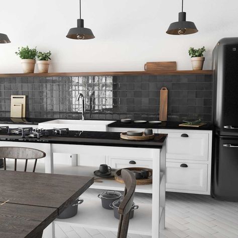 The 9 Top 2023 Home Decor Trends Black Tiles Kitchen, Black Backsplash, Ceramic Collection, Glazed Ceramic Tile, Black Kitchen Cabinets, New House - Kitchen, Black Glaze, Zellige Tile, New House Kitchen