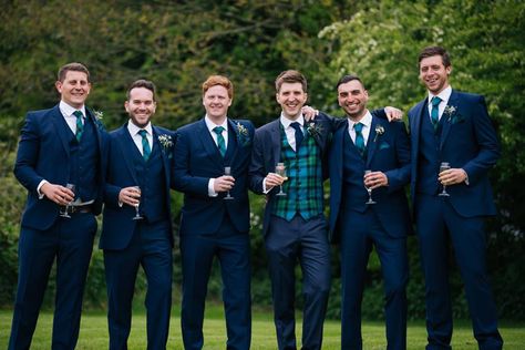 Guest Wedding Ideas, Brewery Wedding Decorations, Green And Navy Wedding, Green Tartan Christmas, Outfits For Groom, Tartan Waistcoat, Wedding Scottish, Rustic Spring Wedding, Navy Suit Wedding