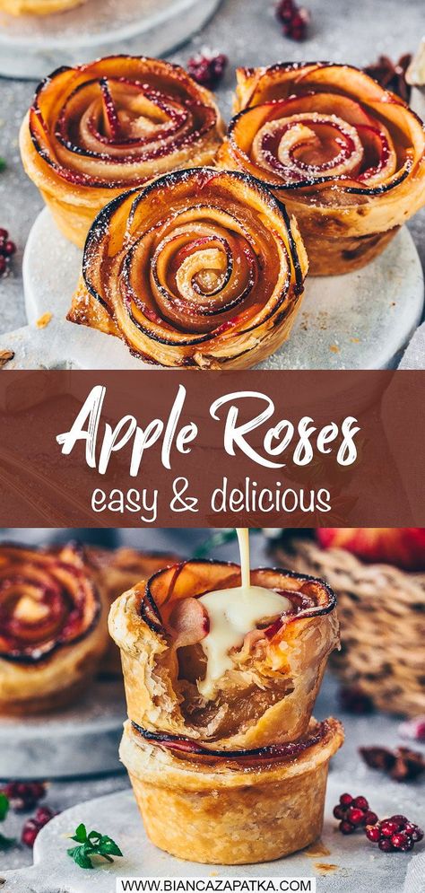 With this easy recipe you‘ll learn how to make beautiful baked apple roses with puff pastry like a pastry chef! The charming “Apple Cinnamon Roses” muffins are perfect dessert treats to impress every guest! Apple Rose Dessert, Apples Muffins, Apple Roses Puff Pastry, Puff Pastry From Scratch, Baked Apple Roses, Rose Muffins, Apple Rose Pie, Muffin Cupcakes, Apple Pastry