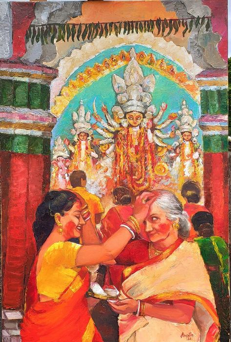 An arwork on Durga Puja Ritual of Hindus. Festival Painting Ideas, Navratri Memory Drawing, Festival Composition Painting, Indian Festival Painting, Subject Drawing, Festival Painting, Watercolor Indian, Festival Paint, God Painting