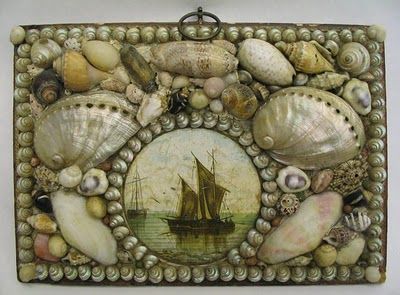 A smaller, later piece (late 19th century) using mostly pearliscent shells. Pretty handpainted shell in the middle. Victorian Shell Art, Vintage Shell Art, Seashell Creations, Seashell Decor, Art Coquillage, Sailors Valentine, She Sells Seashells, Sea Shell Decor, Shell Decor