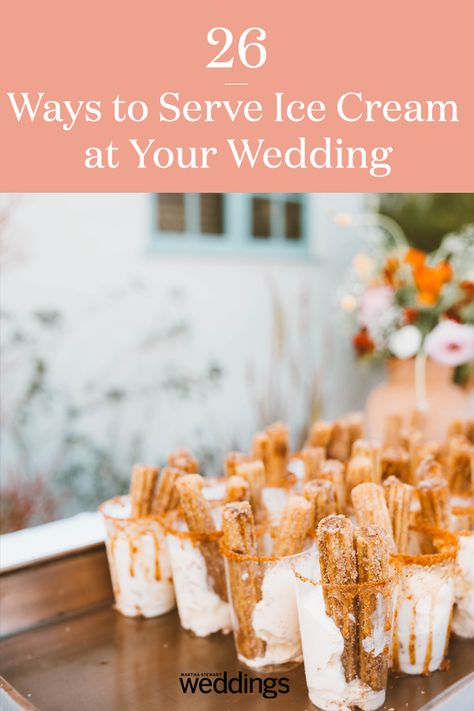 Throwing a summertime wedding? Ice cream is the way to go for your wedding cake alternative. This dessert is sure to make your guests happy and will add a trendy flare to your big night! #Wedding #Dessert #IceCream #Churro #FoodTruck #Trendy #CakeAlternative #Unique #WeddingIdeas #Inspiration | Martha Stewart Weddings - Mouthwatering Ways to Serve Ice Cream at Your Wedding Ice Cream Instead Of Wedding Cake, Alternative Wedding Cake Options, Summer Wedding Desserts, Ice Cream Bar At Wedding, Ice Cream Wedding Bar, Ice Cream Bar Wedding Reception, Ice Cream Dessert Bar, Wedding Ice Cream Bar, Ice Cream Wedding